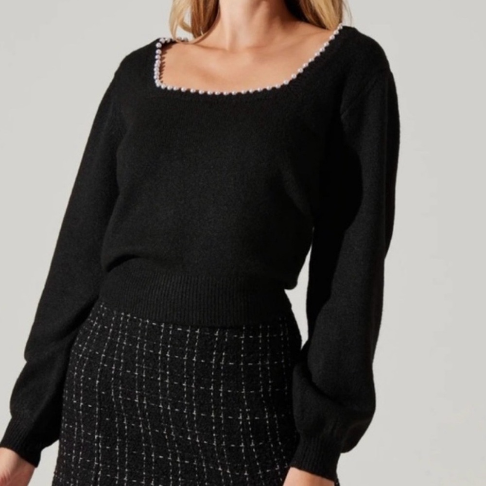 ASTR Black Square Neck Sweater with Beaded Trim